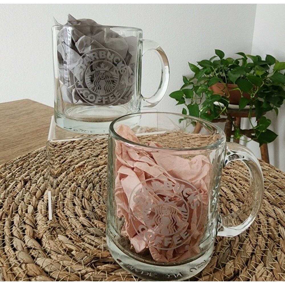 Starbucks Glass Coffee Mug Cup Etched Siren Mermaid Logo Set of 2